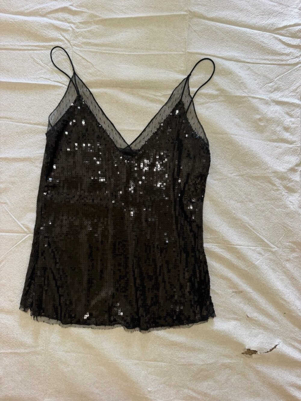 Intimately Free People Sequin Cami Black Bronze Mesh Trim V Neck S
